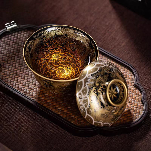 Handcrafted Premium Handcrafted Enamel and Gold-Inlaid "Nine Dragons" Gaiwan (Lidded Tea Bowl)