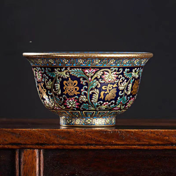 Handcrafted Premium Enamel 'Interlocking Treasures' Master's Cup on a Blue Ground