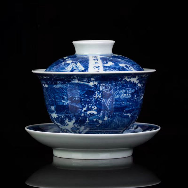 Handcrafted Premium Blue and White 'Riverside Scene at Qingming Festival' Three-Dimensional (Heaven-Earth-Man) Lidded Tea Bowl