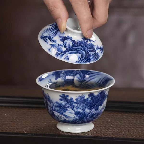 Handcrafted Premium Blue and White 'Distant Mountains and Water' Three-Piece Set