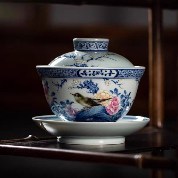 Handcrafted Premium Blue and White and Doucai 'Floral & Bird' San Cai (Heaven-Earth-Man) Lidded Tea Bowl