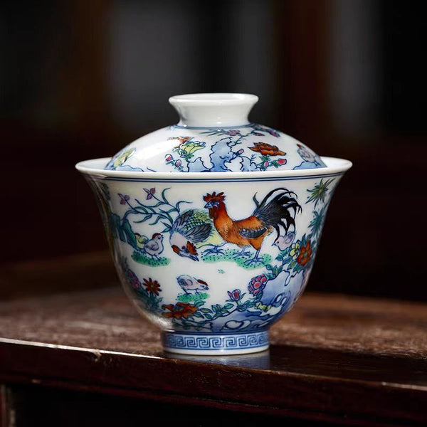 Handcrafted Premium Hand-Painted Blue and White and Doucai 'Chicken Cup' Two-Element (Heaven &amp; Man) Lidded Bowl