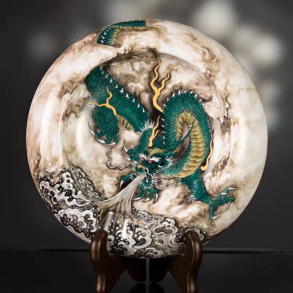 Handcrafted Premium Famille Rose 'Ink Dragon & Celestial Blue Dragon' Large Cigar Ashtray