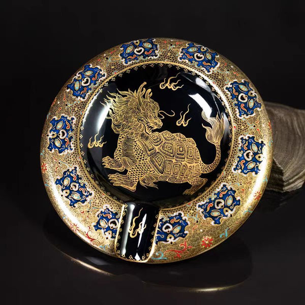 Handcrafted Premium Mirror Black Glaze Enamel with Gold and Silver Inlay 'Mythical Qilin' Cigar Ashtray
