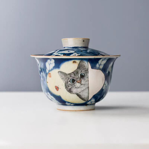 Hand-painted Blue and White "Cat Series"  Handcrafted Lidded Tea Bowl