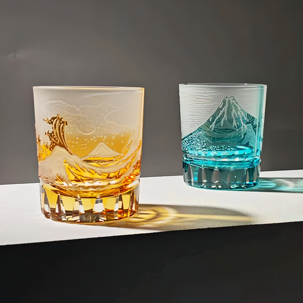 Edo Kiriko Handcrafted Fuji Wave Whisky Glass Collection With Wooden Box