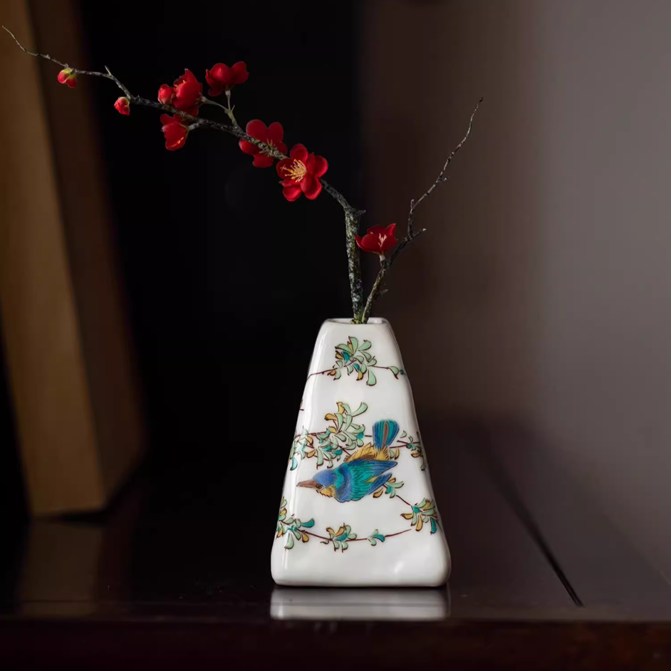 Kutaniyaki Sparrow Floral Vase - Thumbnail 3