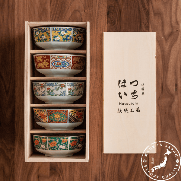 Japanese Mino Ware Court Dyed Brocade Octagonal Bowls Set