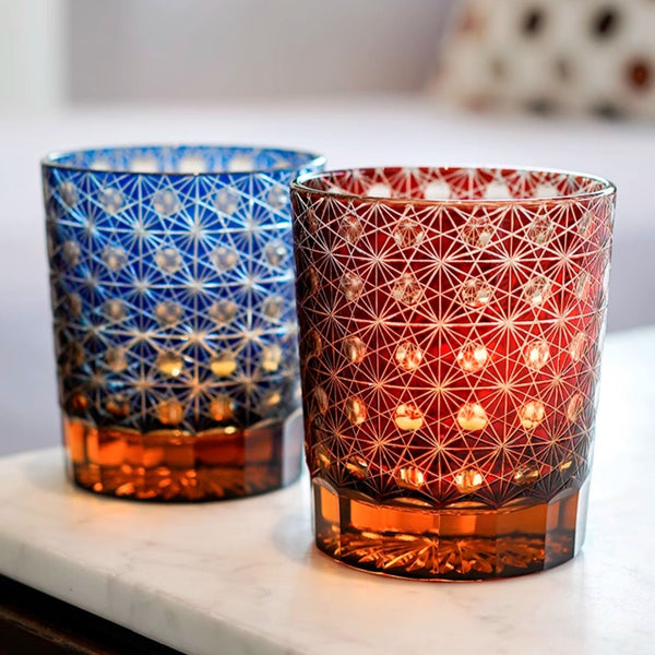 Edo Kiriko Handcrafted Amber Star Chrysanthemum Whisky Glasses With Wooden Box
