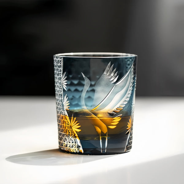 Edo Kiriko Handcrafted Soaring Crane Whisky Glass With Wooden Box